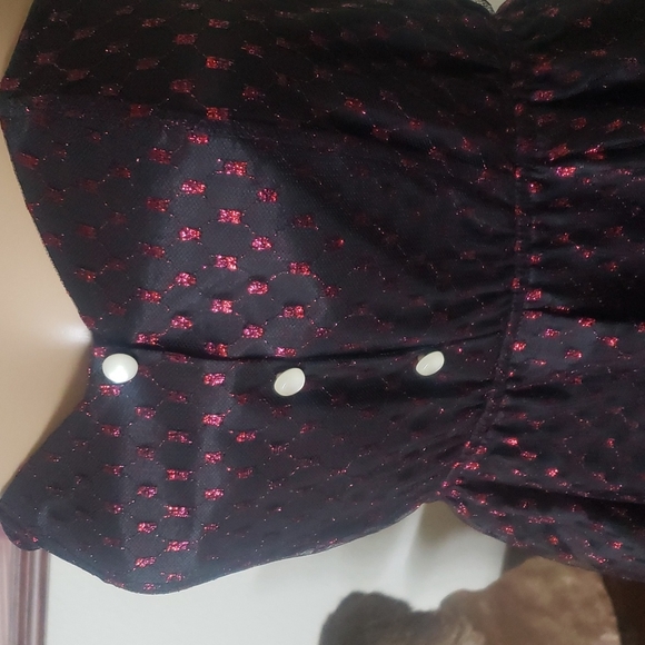 Alice xs strapless mesh overlay shiny red embroidered dot pattern smocked back - Picture 4 of 10